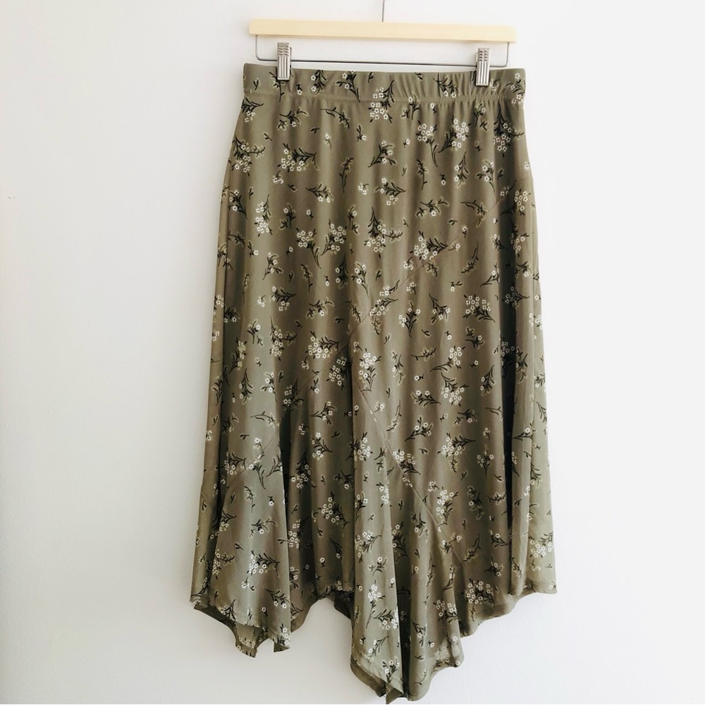 Y2K Olive Green Asymmetrical Floral Midi Skirt